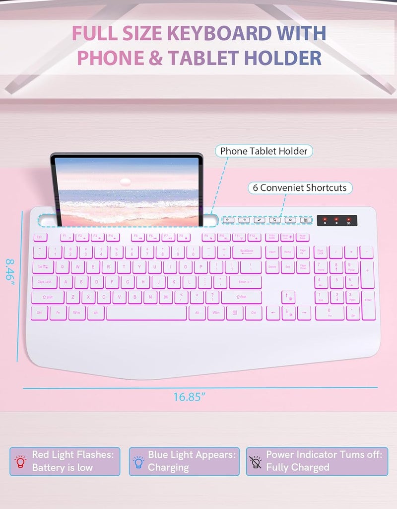 Trueque Wireless Keyboard with 7 Colored Backlits, Phone Holder, Wrist Rest, Rechargeable Ergonomic Keyboard with Silent Light Up Keys, Cordless Computer Keyboard for Windows, Mac, Laptop - (White) - Image 5